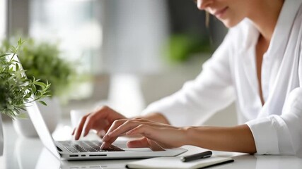 Marketing concept with faceless person using laptop on white table