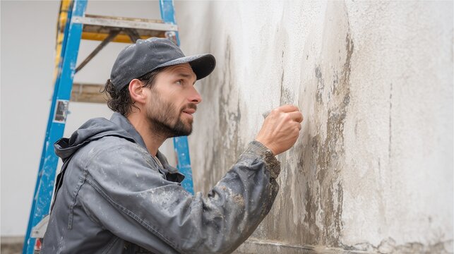Technician repairing water-damaged wall with drywall patching and sanding tools, ladder in background, restoration and moisture remediation scene.