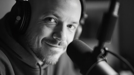 Bald man with beard and headphones smiling, recording audio content, streaming online, creating a podcast, working in broadcasting from a home studio