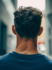 Man with curly hair wearing a blue shirt standing outdoors with his back to the camera in an urban setting during daytime with blurred background buildings