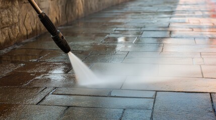 Pressure washer nozzle spraying water to clean a stone driveway or walkway, symbolizing surface cleaning and maintenance.