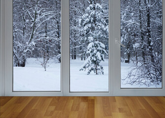 View from the window of trees in the snow, snow-covered park, landscape with a winter forest.