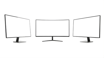 Three computer monitors on transparent background for graphic design and office work