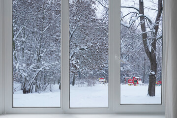 View from the window of trees in the snow, snow-covered park, landscape with a winter forest.