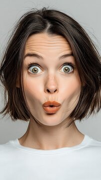 Close up portrait of a surprised young woman with wide eyes and puckered lips showing an expressive face of shock or astonishment against a plain light background