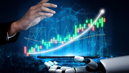 This image illustrates the blend of human and robotic elements in stock market analysis, showcasing a digital graph indicating positive growth trends. Copula