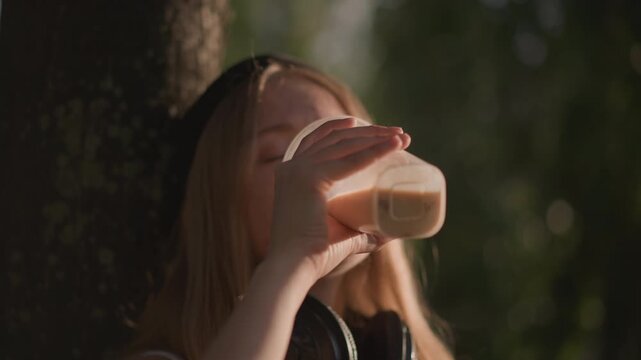 golden hour closeup of teen girl with headphones sipping from cup and gazing upward, warm backlight and leafy park backdrop candid moment alternates roles between sound sampler, street performer