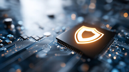 Glowing shield icon embedded on a microchip within a circuit board, symbolizing digital security, data privacy, and cyber protection