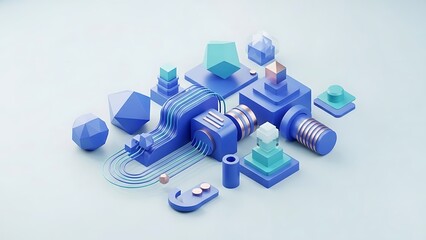 Abstract 3 D geometric shapes and structures in blue and teal