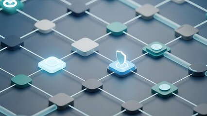 Abstract network with glowing shield symbol nodes connections