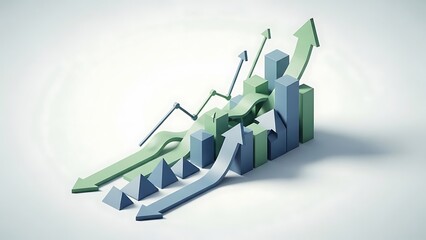 3 D arrows and bar graph showing upward trend in green and blue