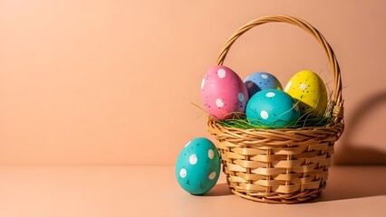 Colorful Easter eggs in a wicker basket with one egg outside colorful eggs pastel colors