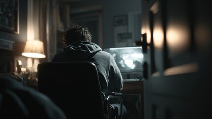 motional exhaustion illustrated inside a minimal workspace showing a tired individual pausing in silence,