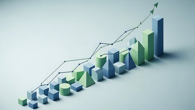 3 D bar graph with upward trend line and geometric shapes - Powered by Adobe