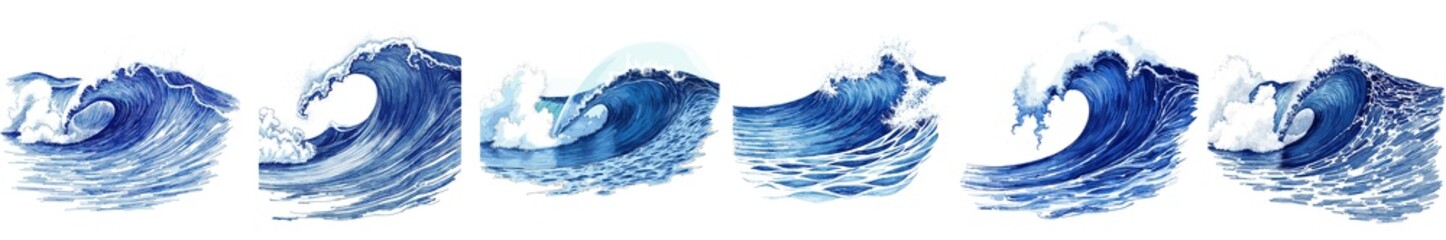 Set of ocean wave illustrations in blue watercolor style  