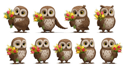 Fototapeta premium Cute cartoon owls holding flowers and smiling