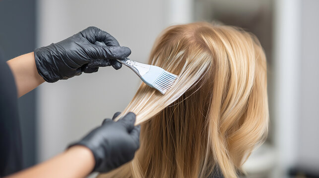 Hairdresser applying bleach with a brush on client's long blonde hair during highlighting process in a salon