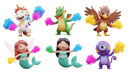 Naklejka premium Collection of colorful cartoon monsters and mermaid characters