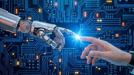 Futuristic robotic hand and human hand connecting through digital technology and artificial intelligence interaction