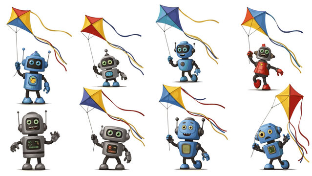 Collection of cartoon robots flying colorful kites