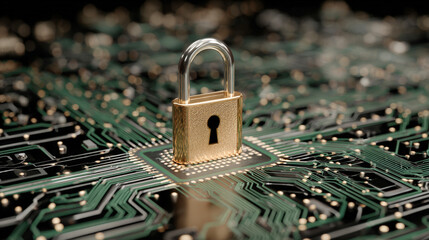Golden padlock on digital circuit board symbolizing cyber security and data protection, high tech encryption and privacy concept for computer network safety, 3d render of secure information storage