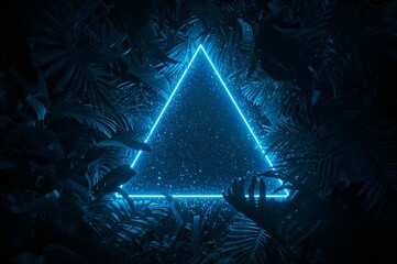 Glowing blue triangle in dark tropical jungle with neon light