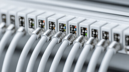 Multiple network cables plugged into a patch panel for organized high-speed data transfer and communication infrastructure in a modern technology setup