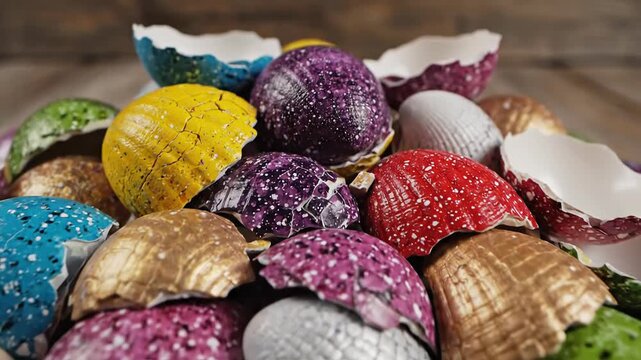 A vibrant assortment of decorated eggshells in a variety of radiant colors and textures