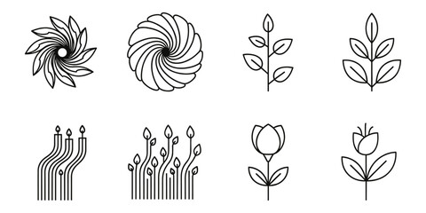 Abstract line art nature and plant inspired vector illustration collection on transparent background