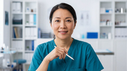 Asian veterinarian woman in teal scrubs smiles during a video call consultation from a bright, modern clinic office.