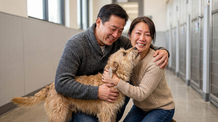 Emotional middle-aged Asian couple joyfully hugging a scruffy terrier dog they are adopting from an animal shelter.