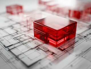 Modern architectural concept featuring translucent red building models overlaying detailed black and white technical blueprints with a focus on innovative design ele