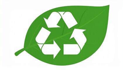 Obraz premium White universal recycling icon placed on a single green leaf isolated on white background