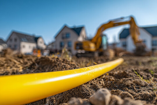 Bright yellow gas pipeline being installed underground in a residential area with construction machinery and newly built houses in the background on a clear day