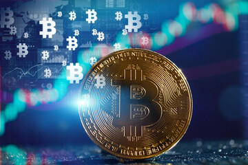 A shining golden Bitcoin coin stands prominently against a vibrant digital background featuring cryptocurrency symbols and financial graphs, representing global digital finance.