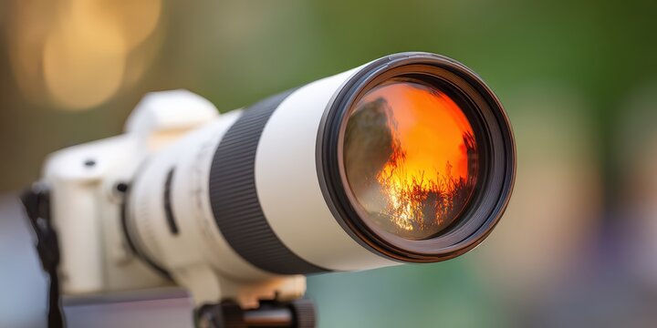 Camera telephoto lens reflecting a colorful sunset landscape