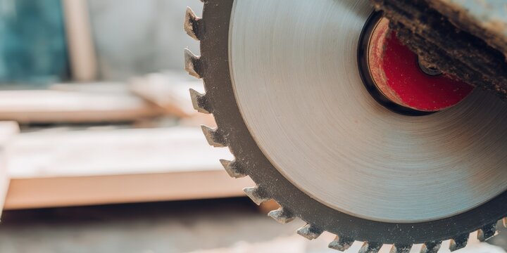 Circular saw blade cutting wood in workshop - Powered by Adobe