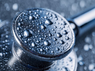Macro shot of water droplets covering a shiny metal surface with blurred background and highlights reflecting light in a cool blue tone environment