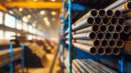 Metal pipes stacked in a warehouse. The scene shows a well-organized storage area with industrial shelving and a blurred background.