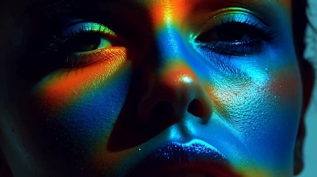 Closeup of a face with colorful lighting