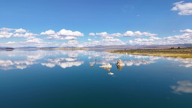 CALIFORNIA - 11.3.2025 - Gorgeous aerial view moving over tufa formations on California's Mono Lake.