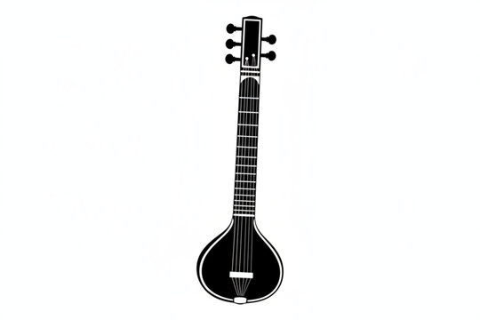 Striking Tanpura: A classical Indian stringed instrument with an elegant design, standing solo in monochrome, showcasing its intricate details and the essence of Indian musical heritage.
