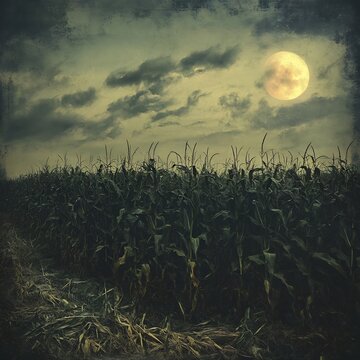 Cornfield with stalks bent into cryptic symbols 2025 trend of agricultural occult rural noir moonlit suspense