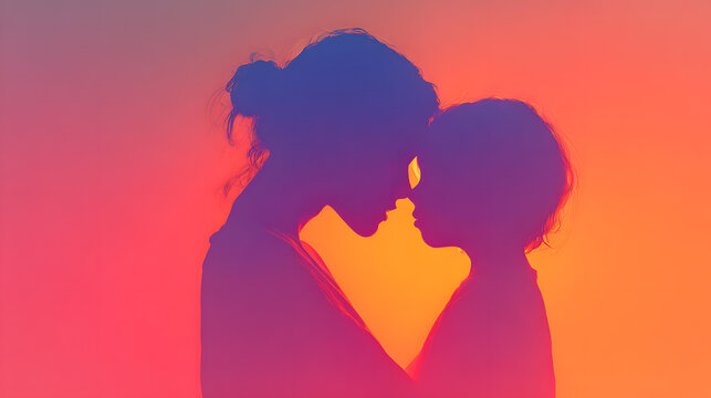 Illustration silhouette picture for mothers day containing a mom hugging her son/daughter