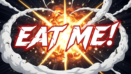 Vibrant Eat Me sign with fiery explosion and smoke