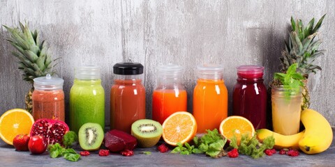 Assortment of healthy fruit juices and smoothies in bottles