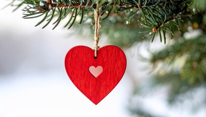 Red heart ornament, with smaller heart cutout, hangs from a green pine branch