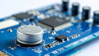 Close-up of a blue circuit board with various electronic components on a white background