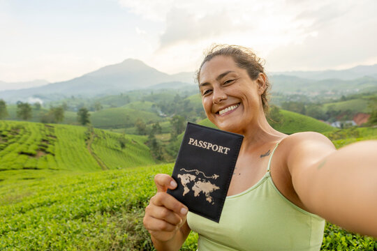 Tourist enjoying Long Coc tea plantations in Vietnam