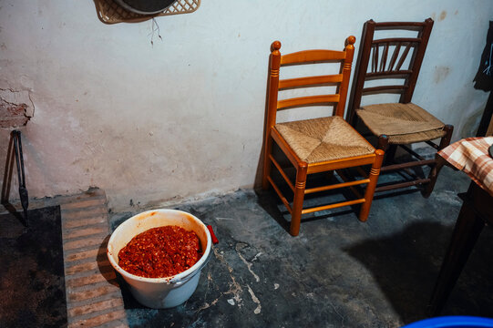 Traditional chorizo preparation in rural setting